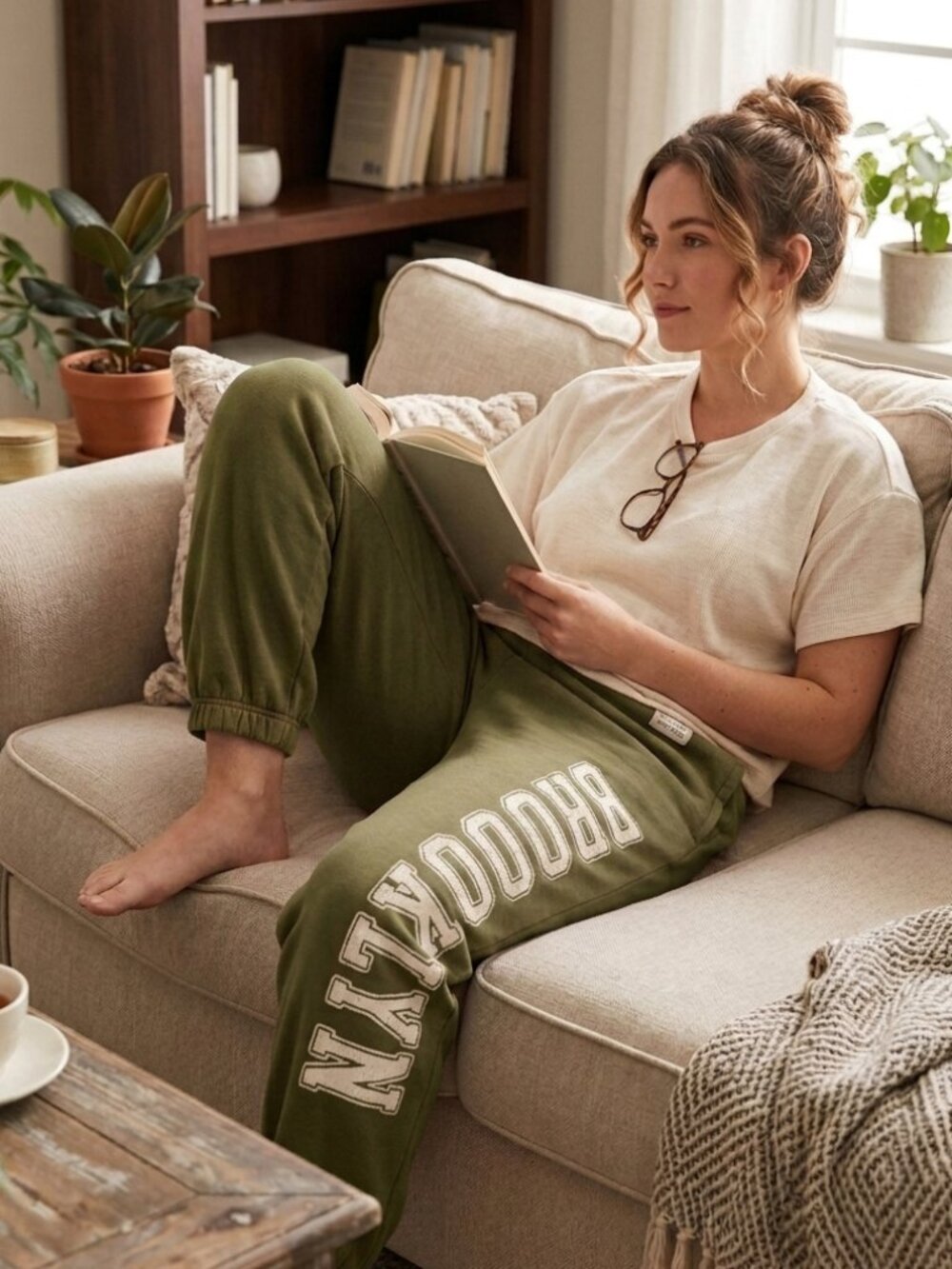 Faded Rose Brooklyn Graphic Boyfriend Joggers Olive Green Size Large NWT